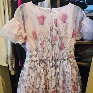MonnaLisa Rose Print Tulle Dress, Girls